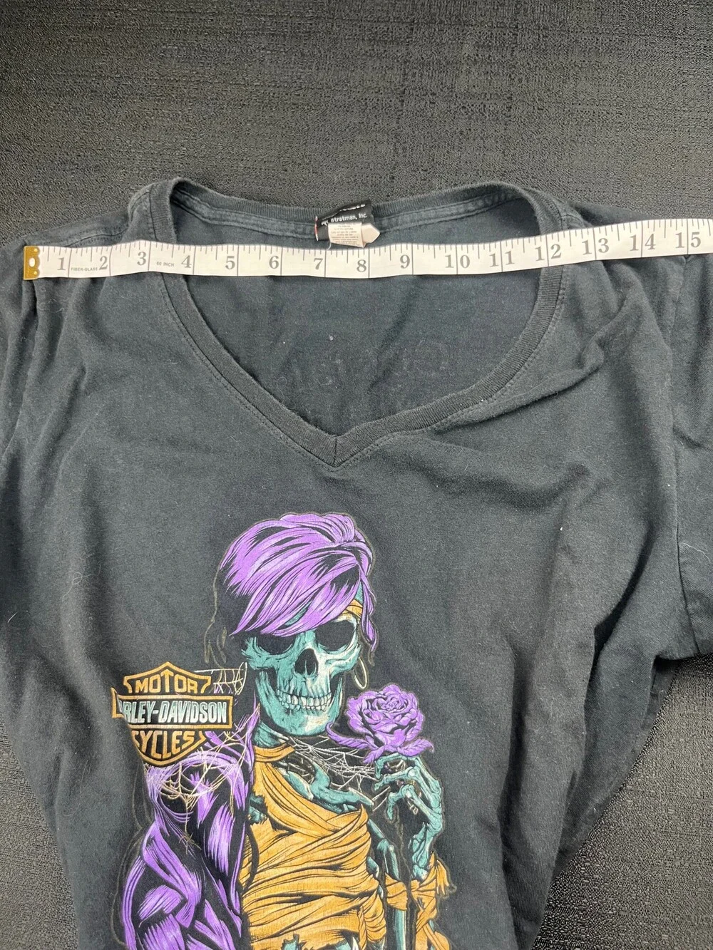 Harley-Davidson Large Black Cotton V-Neck T-Shirt Skeleton Graphic